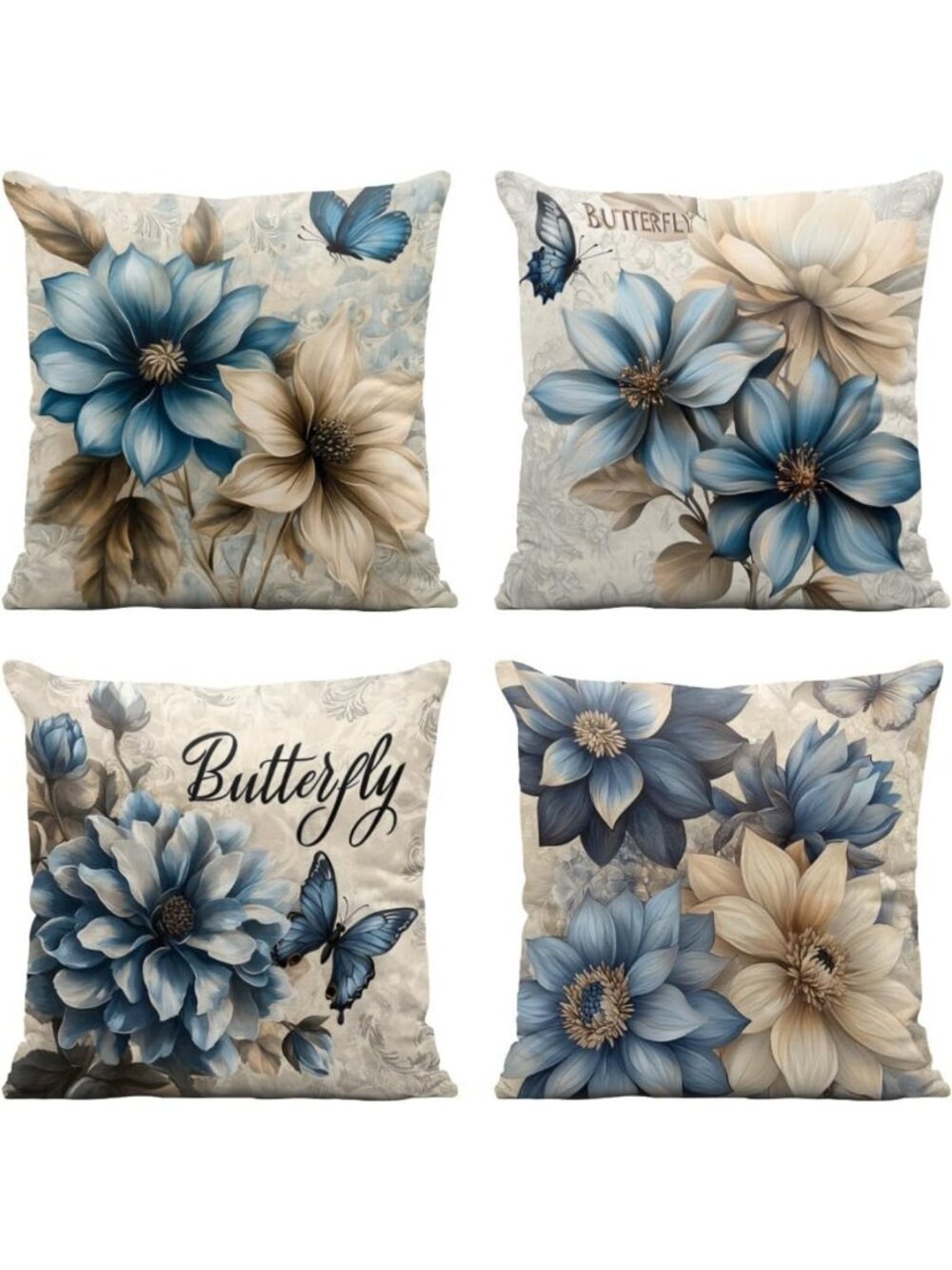 Elegant Floral Butterfly Throw Pillow Covers Set of 4 - 18x18 Blue Gold White